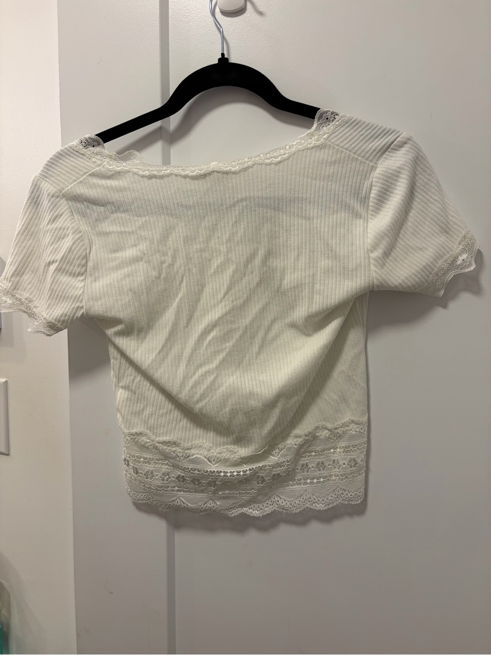 Caution To The Wind Cream Ribbed Lace-Trim Button Front Crop Top - Picture 3 of 3